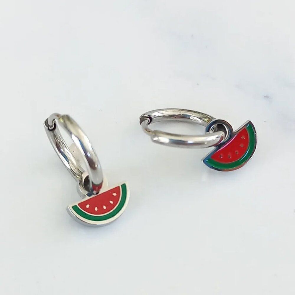 Watermelon Charm Huggie Hoop Earrings in Silver